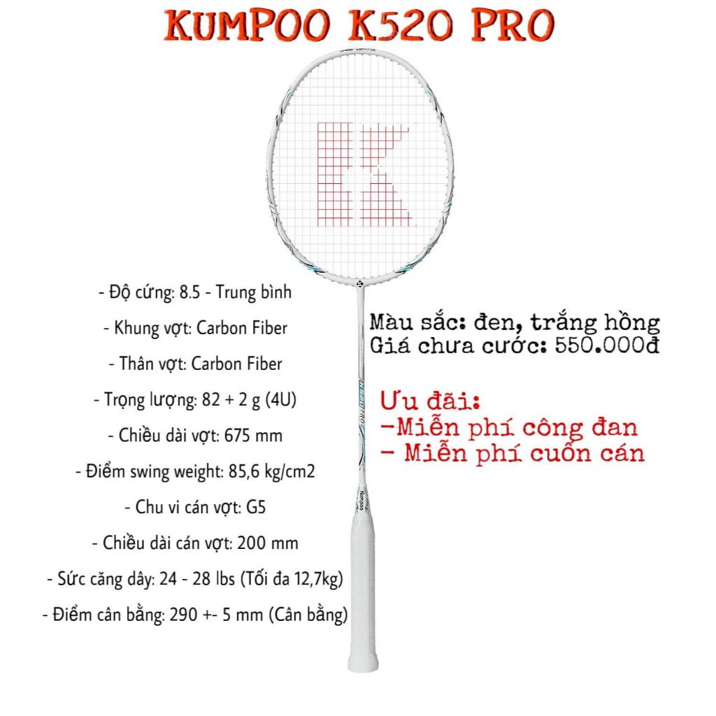 (Chính hãng) Khung Vợt Kumpoo K520 Pro Trắng 3137+ Tặng Cước + Quấn Cán