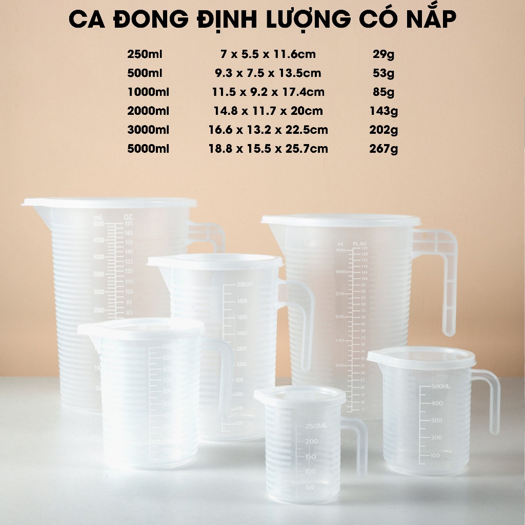 Ca đong định lượng 250ml > 5000ml chia vạch nhám [CÓ NẮP]