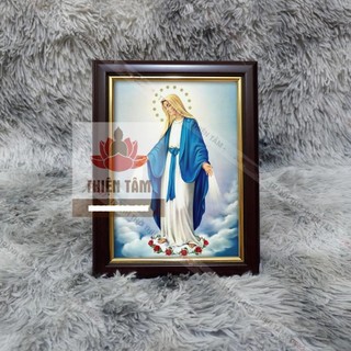 Tranh Mẹ Maria (Công Giáo) để bàn 19,5x25,5cm bằng vải bóng khung composite xịn xò