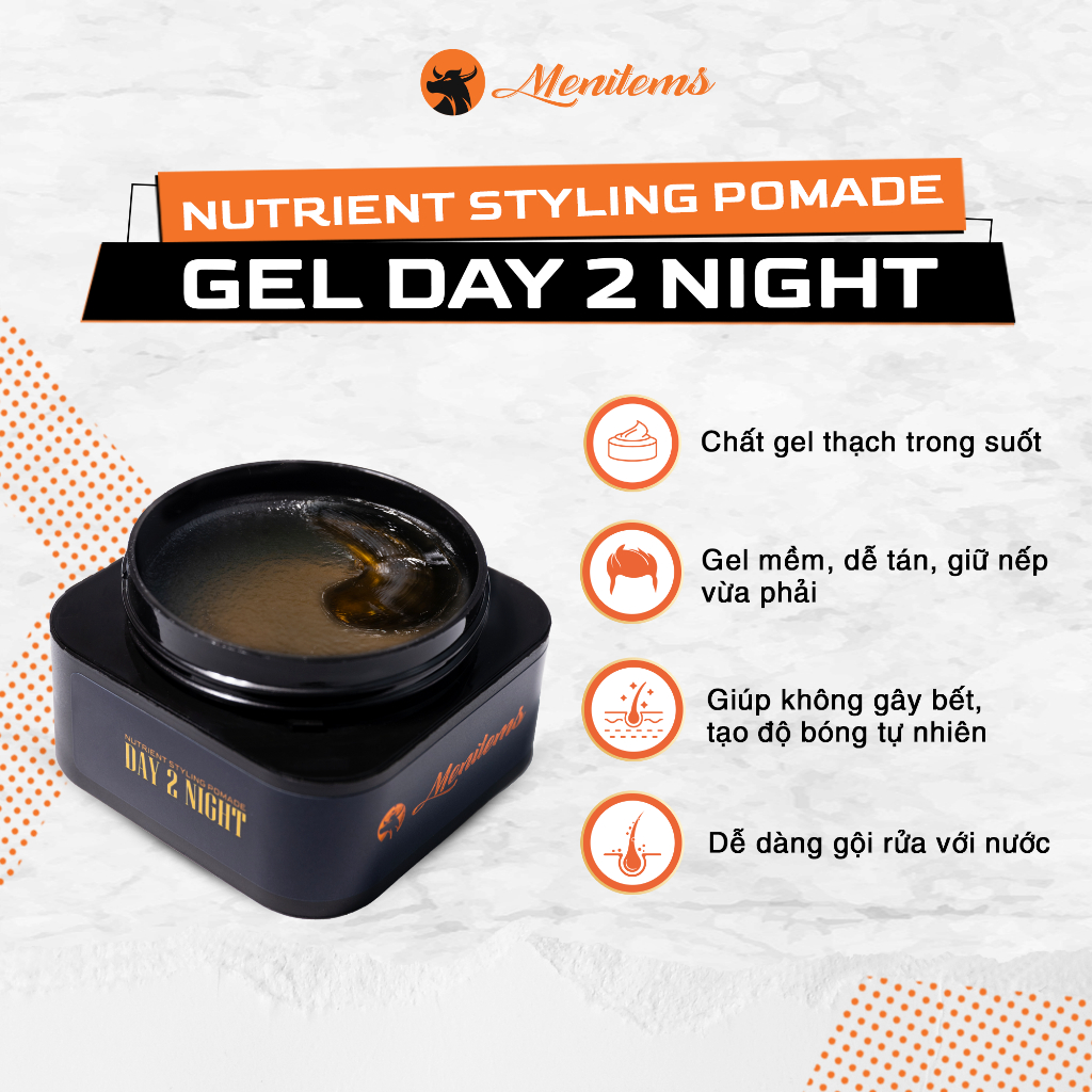 Sáp vuốt tóc nam dạng gel Menitems, keo vuốt tóc nam pomade, tạo kiểu, giữ nếp tóc cả ngày, không gây bết dính 50gr