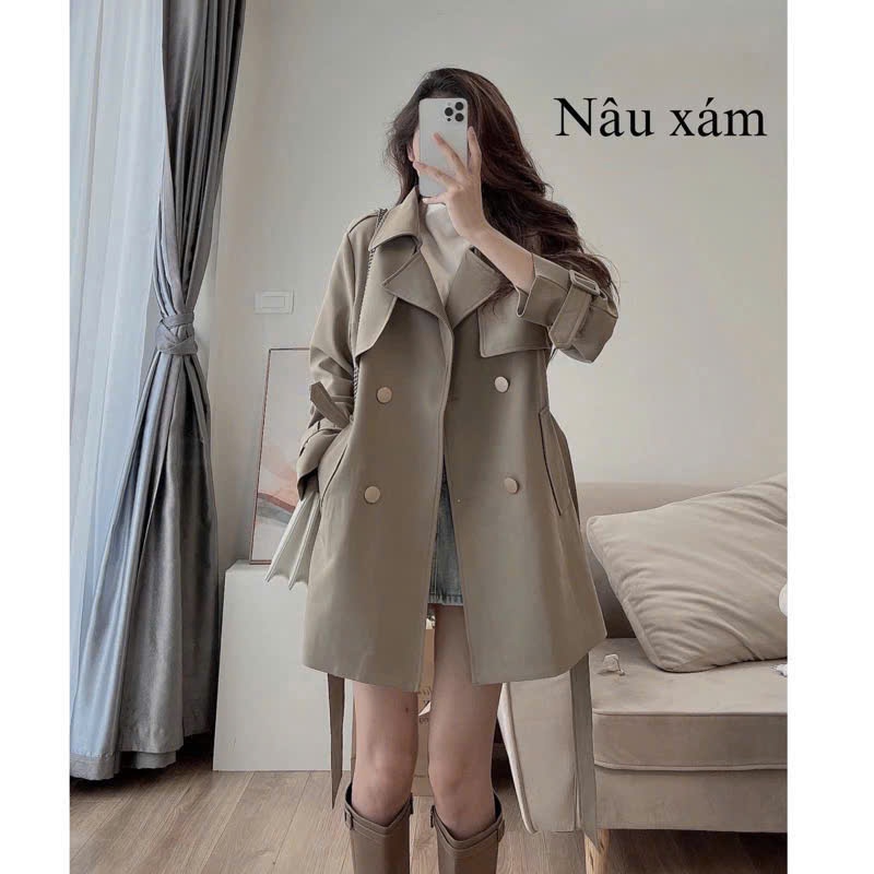 Áo Măng Tô Nữ Dáng Lửng, Áo Khoác Mangto Kèm Đai Cúc Đồng Có Đệm Vai Kaki 2 Lớp SAN Clothings - P70