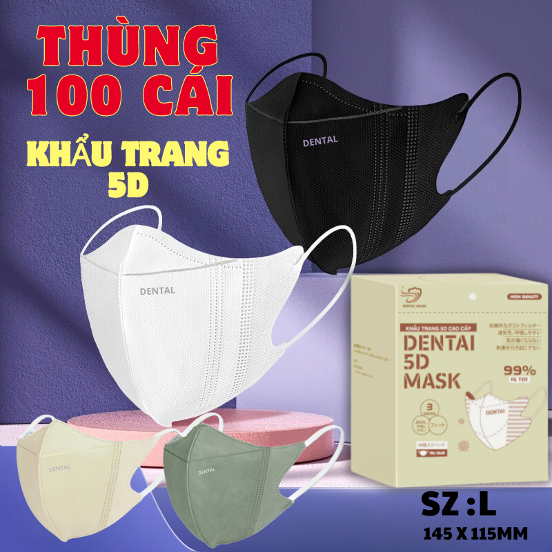 Sỉ thùng 100 chiếc khẩu trang 5D người lớn DENTAL MASK chính hãng cao cấp dày dặn chống tia UV