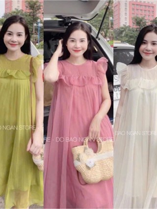 Đầm bầu cánh tiên bèo ngực chất vải tơ ánh 2 lớp 3 màu xanh , hồng kem váy bầu cao cấp