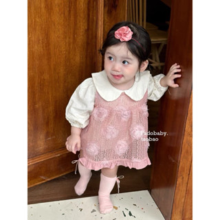  Set áo liền quần cổ sen kèm yếm ren hoa hồng thời trang thu đông dành cho bé gái 