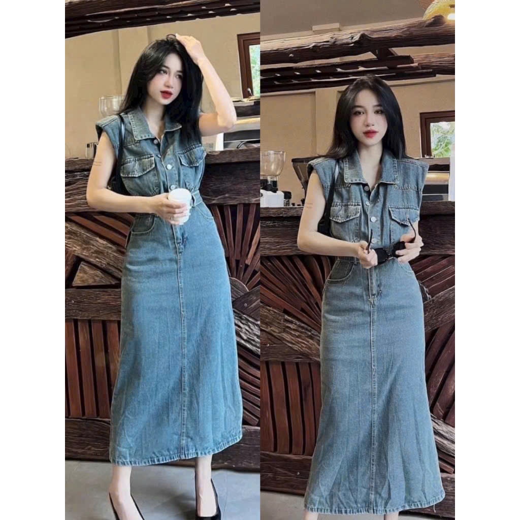 Đầm suông chất jeans cứng dày dặn chuẩn shop sát nách cổ sơ mi dáng váy chữ A thanh lịch