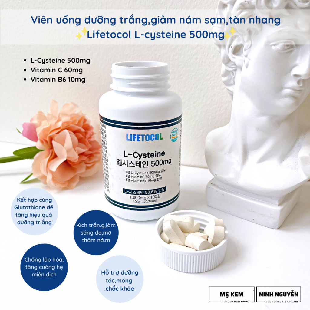 Viên uống trắng da L-cysteine Lifetocol 500mg hộp 100v (bao bì mới)