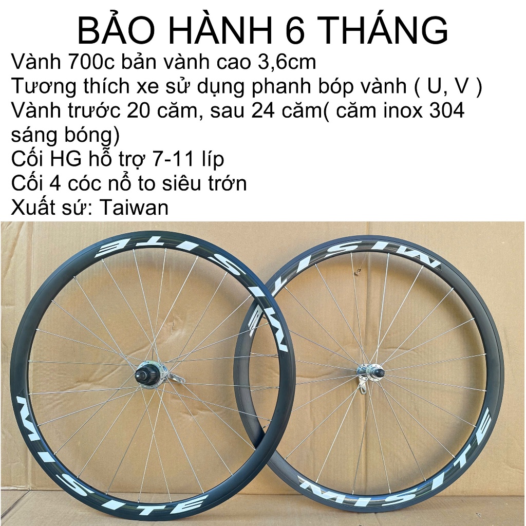 Vành bộ MISITE xe đạp đua ( Road bike ), Touring cao cấp, Vành xe đạp bánh 700c dùng líp thả, phanh 