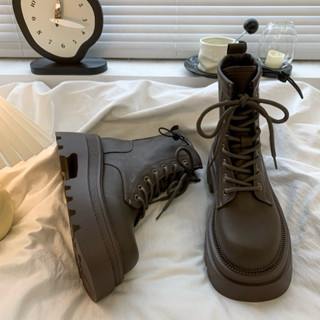 Giày boot nữ cao cổ phối dây buộc đế đinh cao cá tính Bốt nữ cổ ngắn buộc dây đế cao