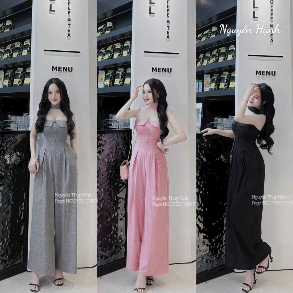 Jumpsuits dài chất coton silk đai cổ cúp ngực nút bọc thời trang nữ mặc đi chơi đi dạo đi tiệc siêu sang