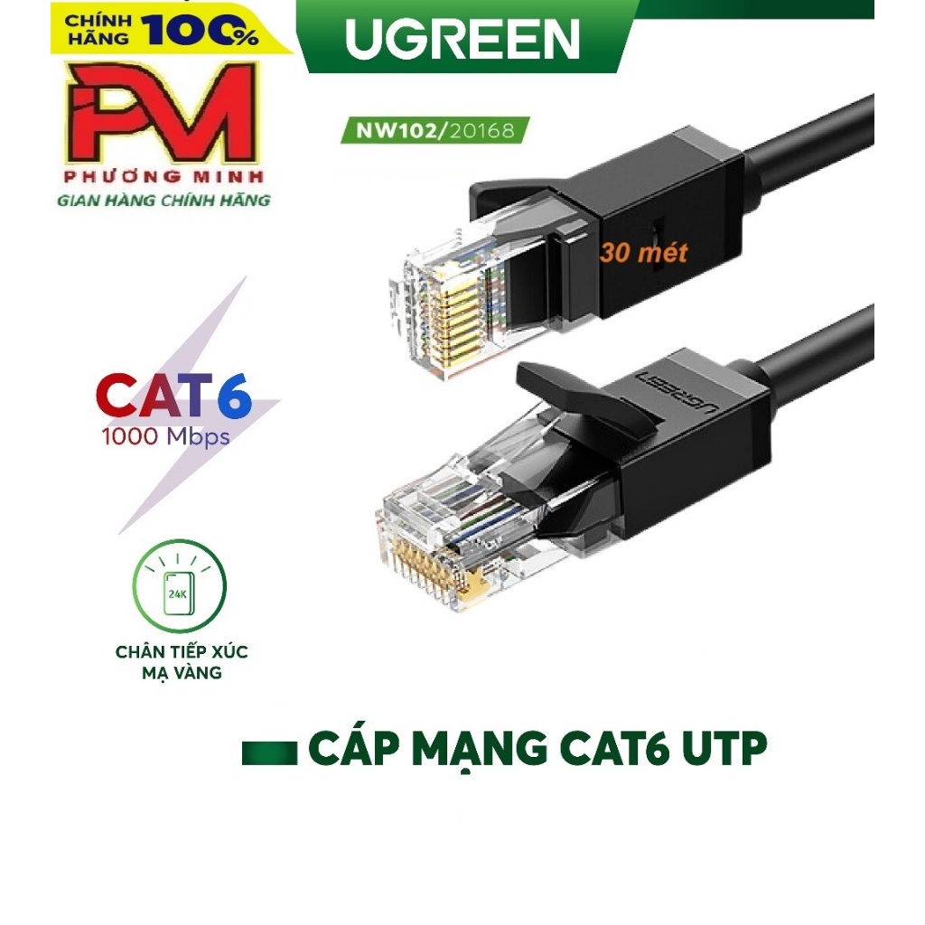 Cáp mạng Cat6 UTP bấm sẵn dài 30M Ugreen 20168 CAO CẤP - Hàng chính hãng