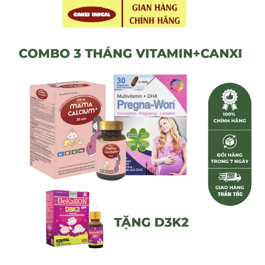COMBO 3 Tháng Vitamin Pregna-Won DHA và Canxi Unical Mama Calcium dành cho Mẹ bầu và Mẹ Sau Sinh