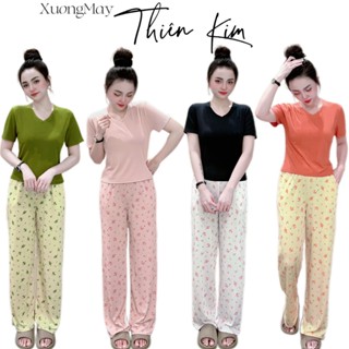 Set đồ thun gân mặc nhà XMTKIM, áo cổ tim cánh tay ngắn, quần ép nhiệt họa tiết dễ thương 45-7KG 990