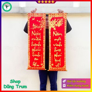 Câu đối đỏ chất nhung trang trí Tết size 35 x 97cm (Ngày Xuân Hạnh Phúc Bình An Đến - Năm Mới Vinh Hoa Phú Quý Về)