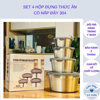 SET 4 HỘP ĐỰNG THỨC ĂN BẰNG INOX 304 CỠ LỚN CÓ NẮP ĐẬY