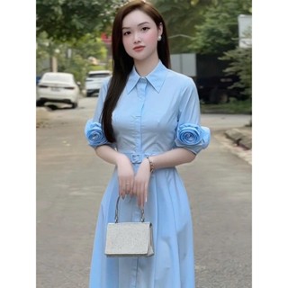 Váy đầm thiết kế, váy xinh nhẹ nhàng, váy xanh cổ sơ mi phối hoa tay cực nổi bật, tặng kèm đai eo_V280