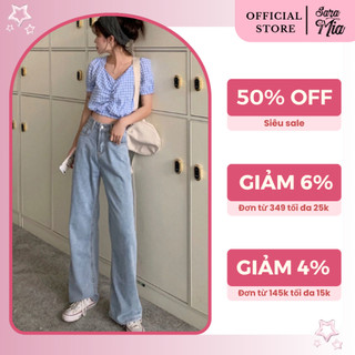 Quần jeans dài dáng suông ống rộng cạp cao Saramia nữ vải bò denim trơn tôn dáng D1