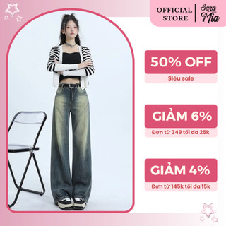 Quần jean ống rộng Saramia nữ cạp cao dáng xuông loang màu phong cách retro D13