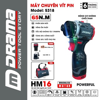 Máy chuyên vít pin DRAMA 5318 Không chổi than Lực siết 65Nm Tặng Túi vải