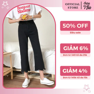 Quần jean dài ống rộng dáng suông tua rua gấu cạp cao Saramia nữ vải bò denim D3