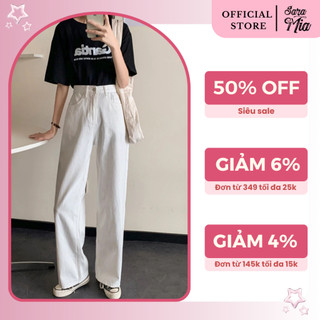 Quần jean dài cạp cao ống đứng dáng suông Saramia nữ vải bò denim đen be trắng D2