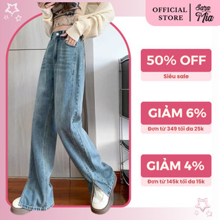 Quần jean ống rộng Saramia nữ lưng cao hai cúc xẻ gấu xanh đen đi làm đi chơi D4