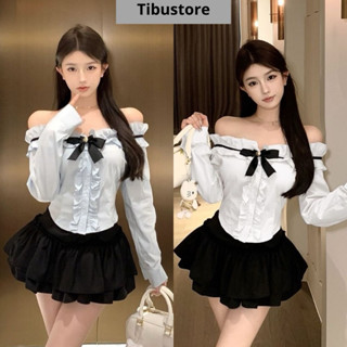 Set Áo Sơ Mi Trễ Vai Tay Dài Viền Bèo Đính Nơ Phối Chân Váy Xoè Tầng TIBU Set Đồ Nữ Tiểu Thư Sang Chảnh Đi Chơi S58