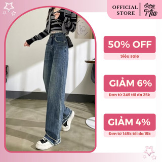Quần jean ống rộng Saramia nữ vải bò denim cạp cao gấu tua rua phong cách Hàn Quốc D6
