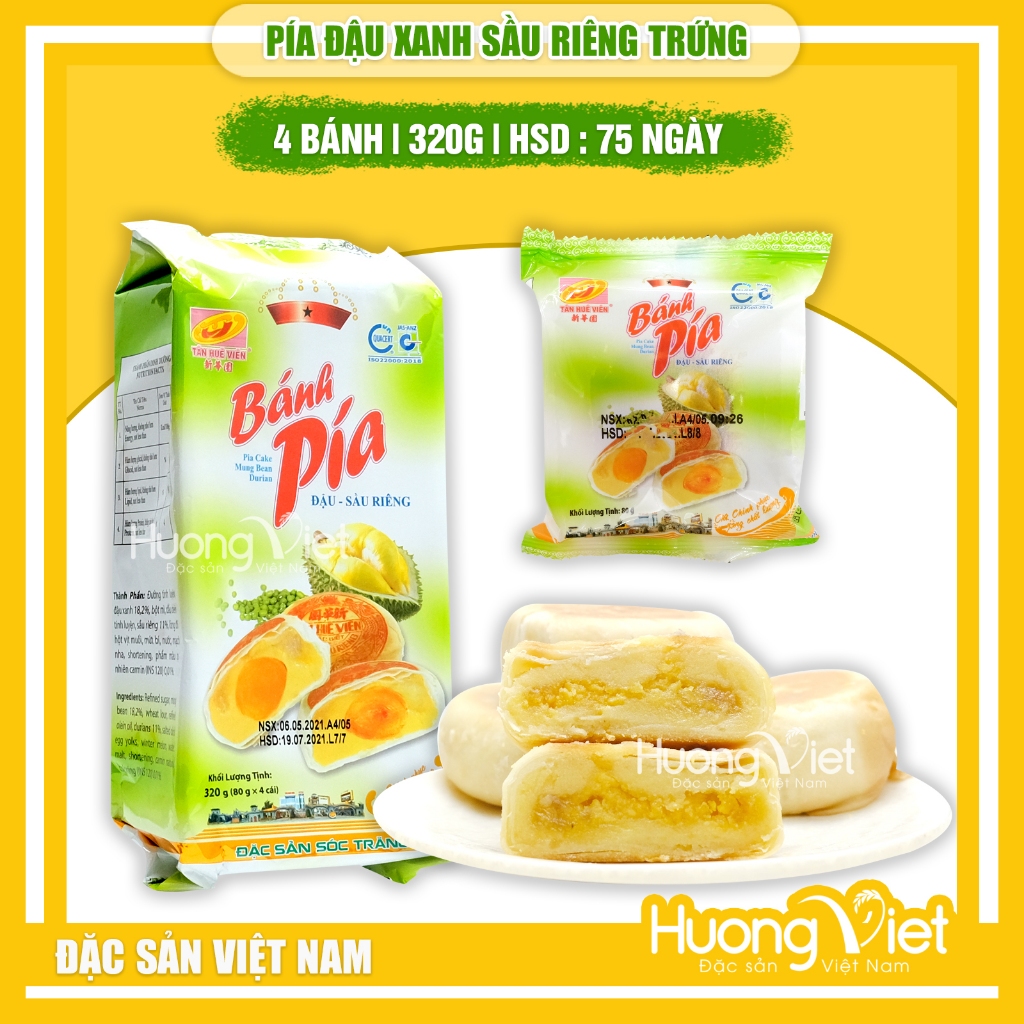 Bánh pía đậu xanh sầu riêng trứng muối Tân Huê Viên 320g, bánh pía Sóc Trăng chính hãng [Túi gồm 4 bánh]