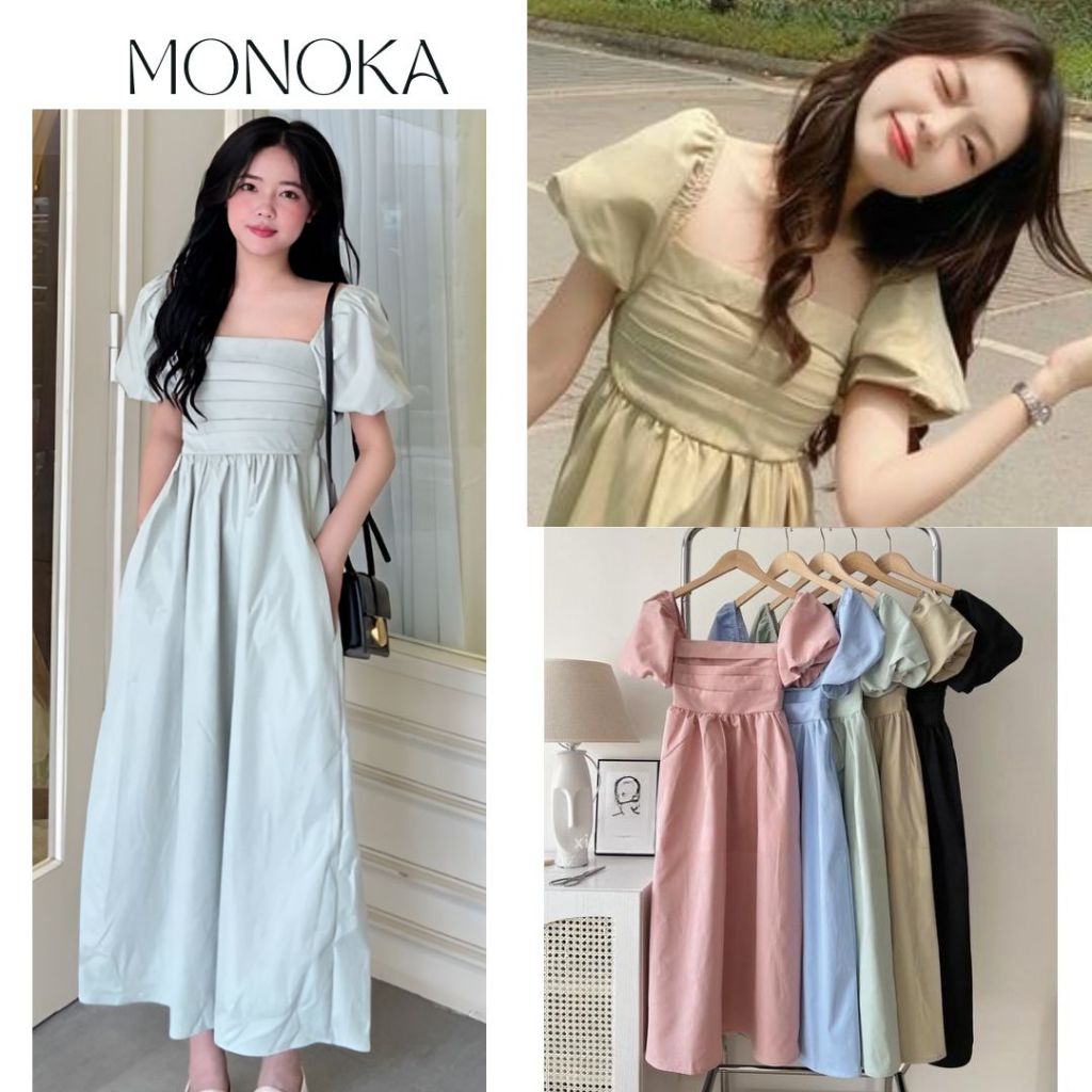 Váy maxi tay bồng chun lưng cổ vuông màu trơn size S M L Đầm nữ đi biển dáng dài nữ tính bánh bèo điệu đà T545G MONOKA