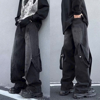 QUẦN JEAN TRIANGLE - Cargo Jeans - Quần jeans  phối dây form rộng vải washed màu đen xám/ àng. Unisex nam nữ Jaystoree.