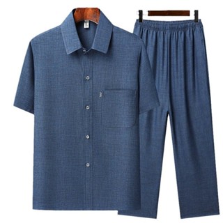 Bộ cổ bẻ nam trung niên, Quần áo cho bố chất liệu đũi thoáng mát, Màu sẵn nhã nhặn lịch sự, Size từ 45kg tới 85kg