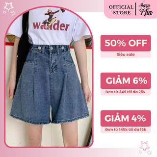 Quần đùi short jean nữ Saramia sooc bò ngắn ống rộng lưng cao xắn gấu eo 6 cúc điều chỉnh S1