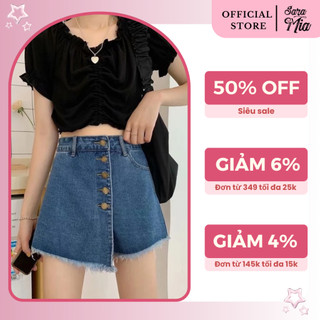Quần short jean giả váy vạt lệch Saramia nữ sooc đùi vải bò 5 khuy giữa tua rua gấu S2