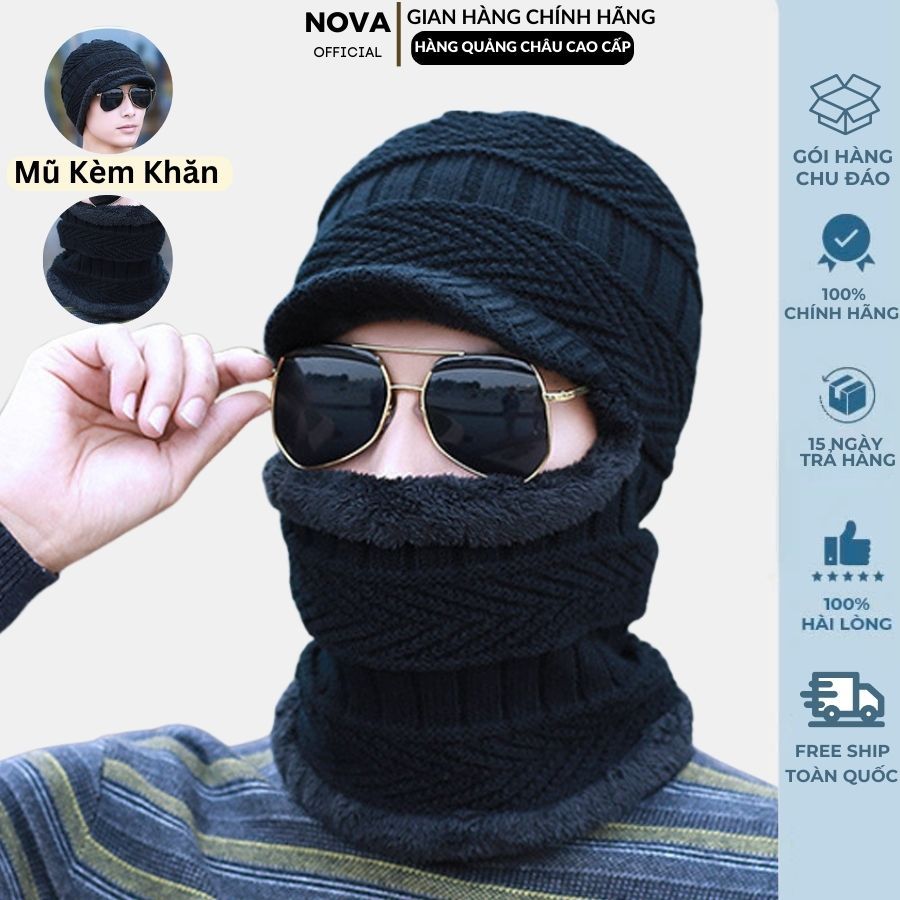 Mũ len nam nữ trùm đầu nón len nam nữ mùa đông kèm khăn quàng cổ chất liệu len cao cấp