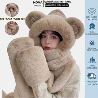 Mũ lông cừu nữ, mũ len lông cừu nữ NOVA kèm khăn quàng cổ, găng tay dài đẹp dễ thương phong cách Hàn Quốc