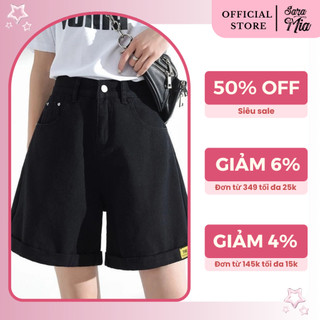 Quần short jean ống rộng cạp cao Saramia nữ sooc bò demin dáng lửng phối túi xắn gấu S4