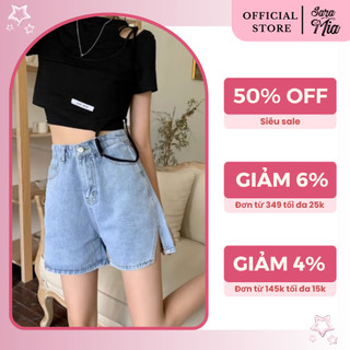Quần short nữ jean ngắn Saramia lưng cao sooc bò đùi ống rộng xẻ gấu đi chơi đi biển S5