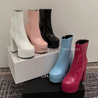 Giày Bốt Martin Đế Đúp Cao 12cm Da Bóng Trụ To - Boots nữ cổ ngắn hàng cao cấp
