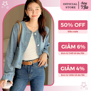 Áo khoác nữ jeans croptop bò tay dài SARAMIA cổ tàu 2 túi phong cách Ulzzang Q3