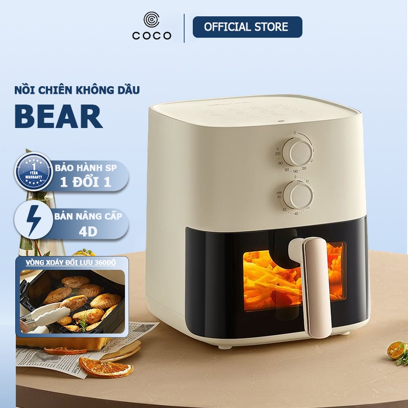 Nồi chiên không dầu Bear 5L QZG-J15M1, 1500W, Nâng Cấp Mới Khung xoáy 4D, chiên nướng hơi nước giảm 