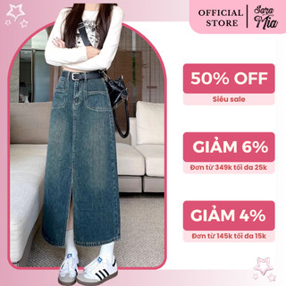 Chân váy dài Jean chữ A xẻ tà trước cạp cao Saramia chân váy bò lưng cao phối túi V12