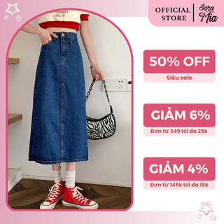 Chân váy jean Saramia nữ chữ A dáng dài xẻ tà cạp cao điều chỉnh eo vải denim V1