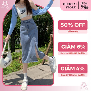 Chân váy jean chữ A Saramia nữ dáng dài cạp cao xẻ tà lệch phong cách Ulzzang V2