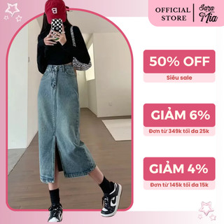 Chân váy jean chữ a Sara Mia nữ dáng dài xẻ tà trước bò cạp cao V5