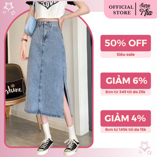 Chân váy dài jean chữ A Saramia nữ xẻ sườn chân váy bò cạp cao dáng dài qua gối V6