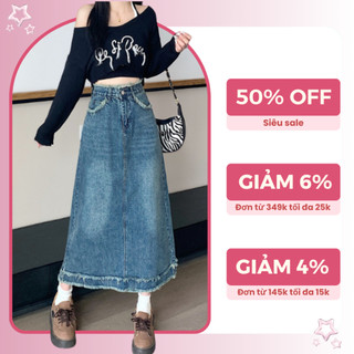 Chân váy dài jean nữ chữ A Saramia váy bò denim cạp cao midi style hàn quốc V9