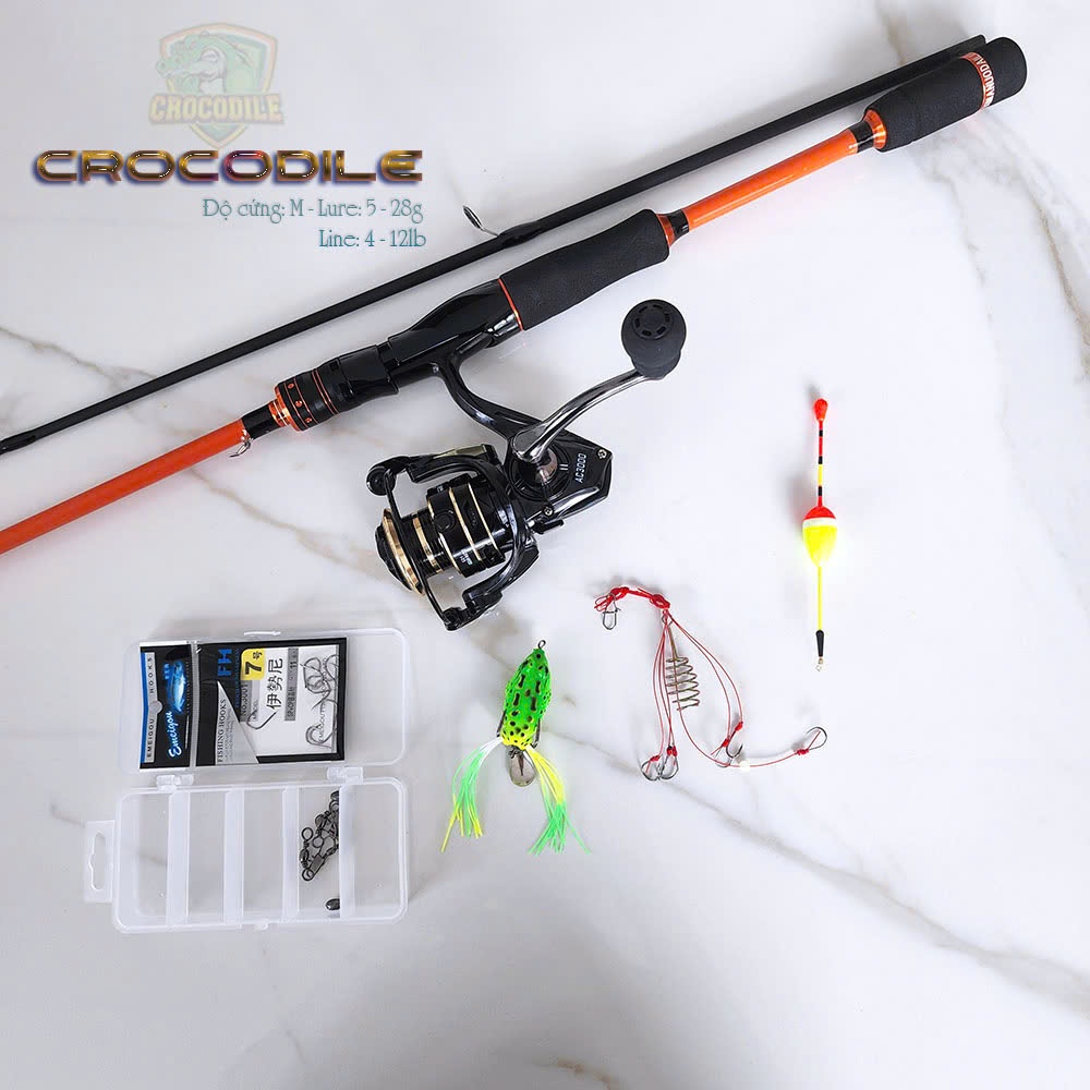 "Combo bộ cần câu lure máy đứng Crocodile màu cam máy câu Deukio AC3000 và bộ quà tặng cực sịn  "