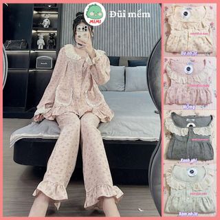   HN01 Set bộ mặc nhà tiểu thư tay dài quần dài phối bèo hoạ tiết hoa nhí thu đông 