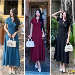 D030 Đầm body nữ tay ngắn phối nơ gân thêu đũa form lửng xòe có độ co giãn thoải mái Women Dress