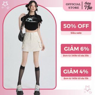 Chân váy jean ngắn chữ A cạp cao Saramia chân váy bò denim lưng cao phối túi A6